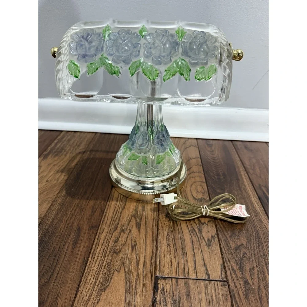 Vintage Anna Hutte Bleikristall Floral Glass Banker's Style Desk‎ Lamp RARE  12